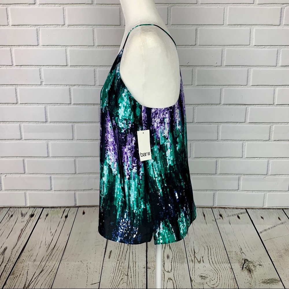 🔥BAR III🔥PRINTED SEQUIN LOOK TANK TOP SPAGHETTI T-STRAPS DISCO GLAM SMALL NWT - Picture 4 of 5